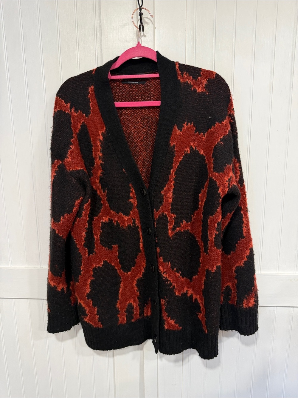 All Saints Black & red  Animal-Print Button Cardigan Sweater  oversized S